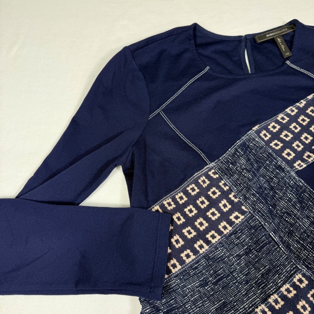 BCBGMAXAZRIA Mini Dress XS Navy Blue Mixed Media Patchwork Long Sleeve - Picture 12 of 16